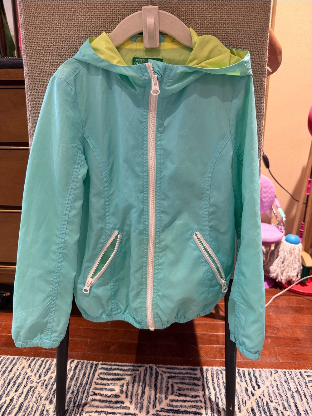 United Colors Of Benetton Teal Hooded Raincoat with Lime Lining
